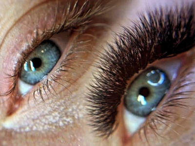 Detail oka před a po aplikaci umělých řas